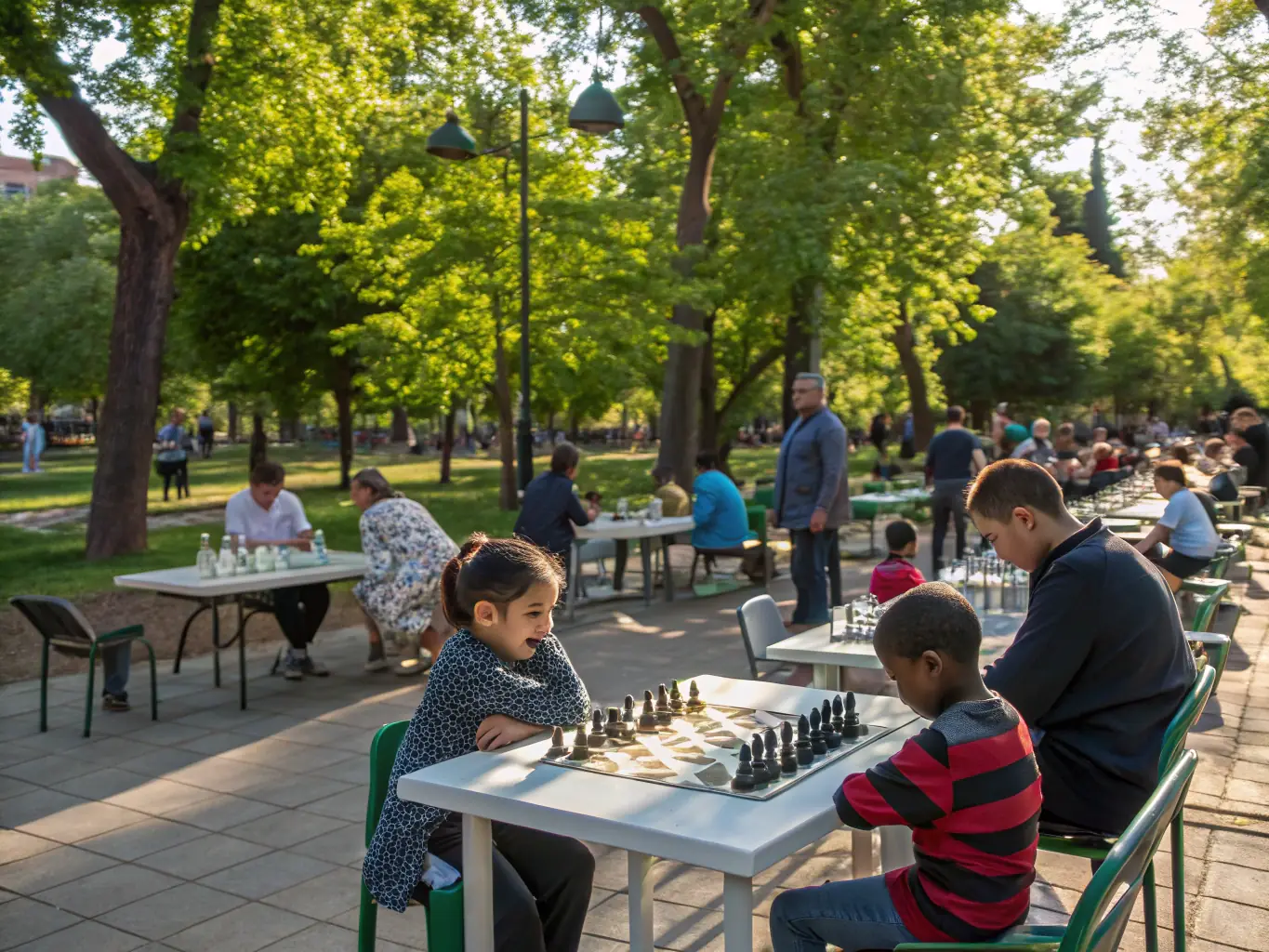 A community event with families and children enjoying table tennis activities outdoors, promoting table tennis as a fun and healthy activity for everyone.