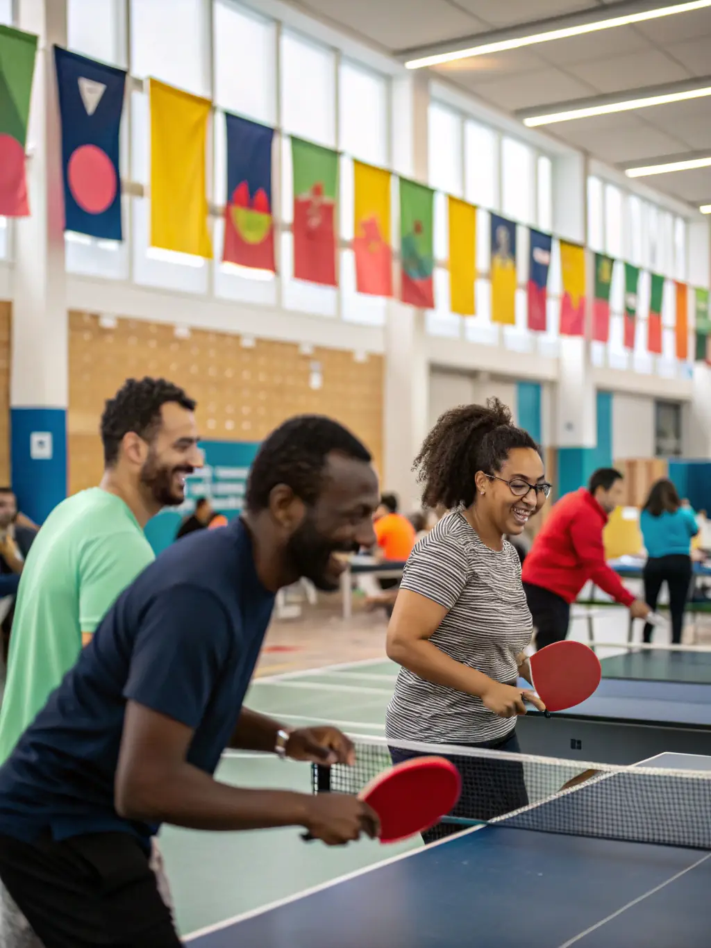 A group photo capturing the camaraderie of participants at a USTT 12 community table tennis event, showcasing diverse ages and skill levels.