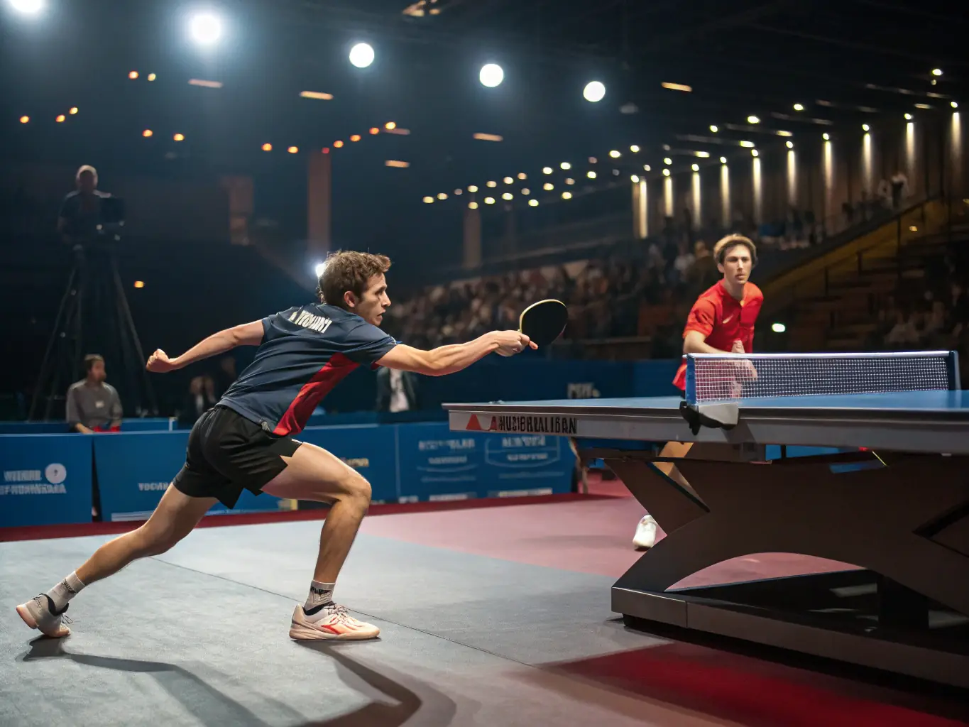 Players competing in a local table tennis tournament, with spectators cheering in the background, capturing the excitement and competitive spirit of the event.