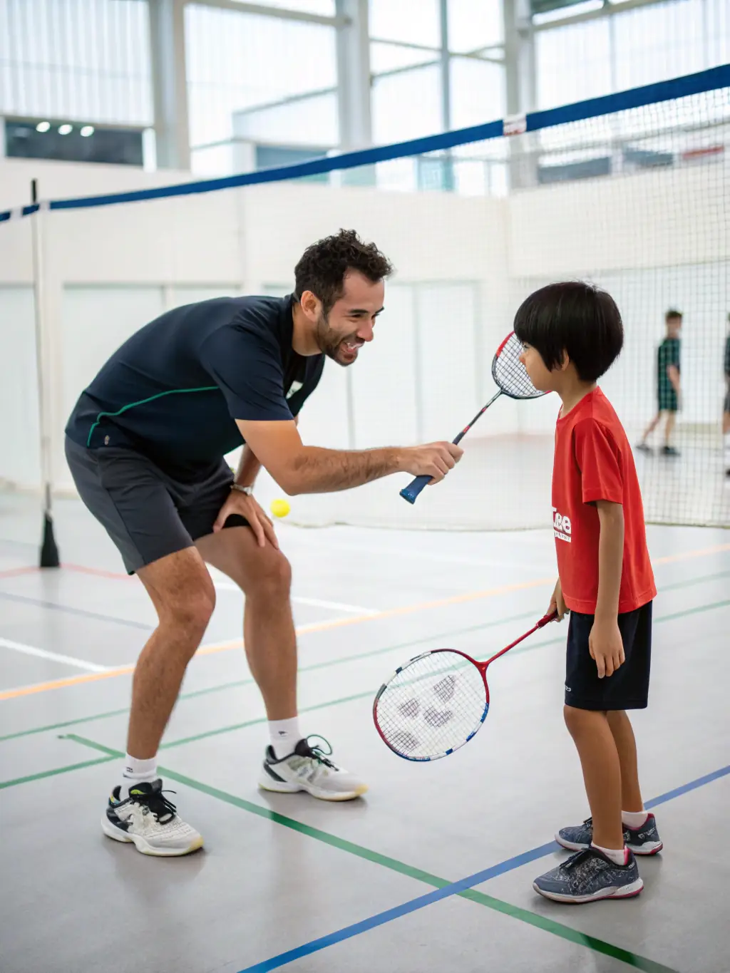 A focused shot of a table tennis coach guiding a young player on proper grip technique, set against the backdrop of the USTT 12 training facility.
